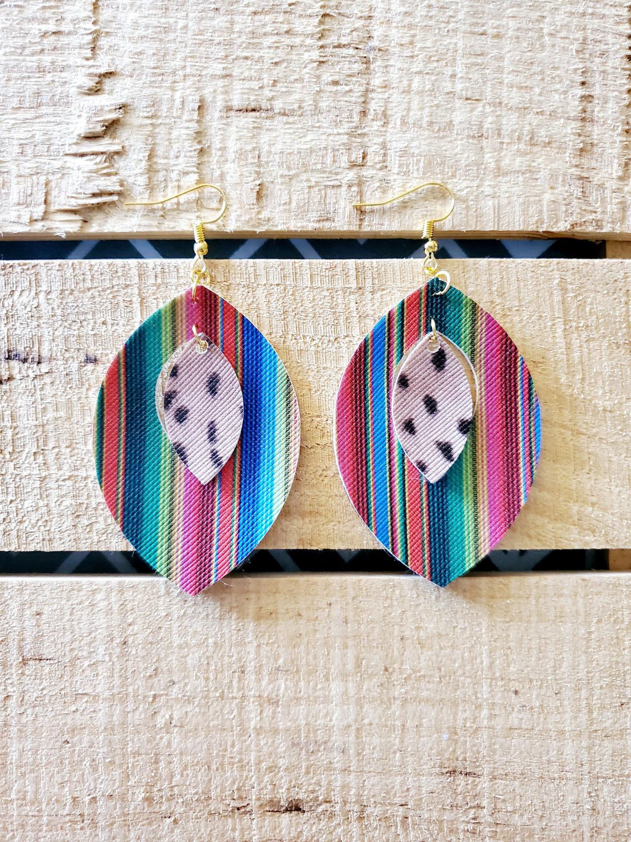 Serape Leather Earrings, Bobcat Leather Jewelry, Leaf Leather Earrings, Aztec Earrings, Southwest Earrings, Tribal Jewelry, Boho Earrings