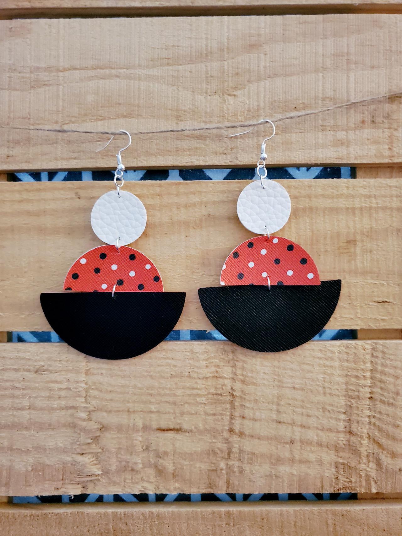 Geometric Leather Earrings, Polka Dot Jewelry, Black White Red Dangle Jewelry, Semi Circle Leather Earrings, Round Earrings, Boho Chic