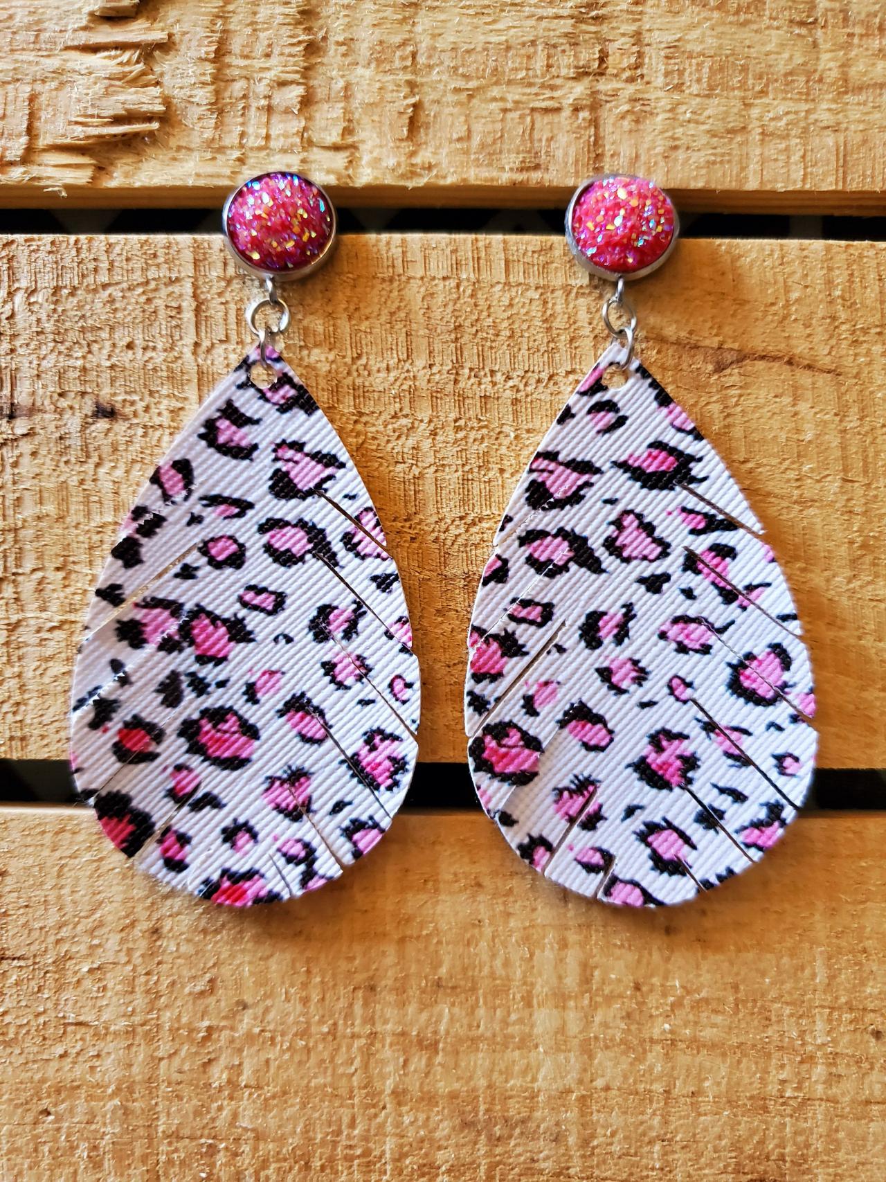 Pink Leopard Feather Earrings Leopard Leather Earrings Animal Print Jewelry Druzy Earrings Glitt on Luulla