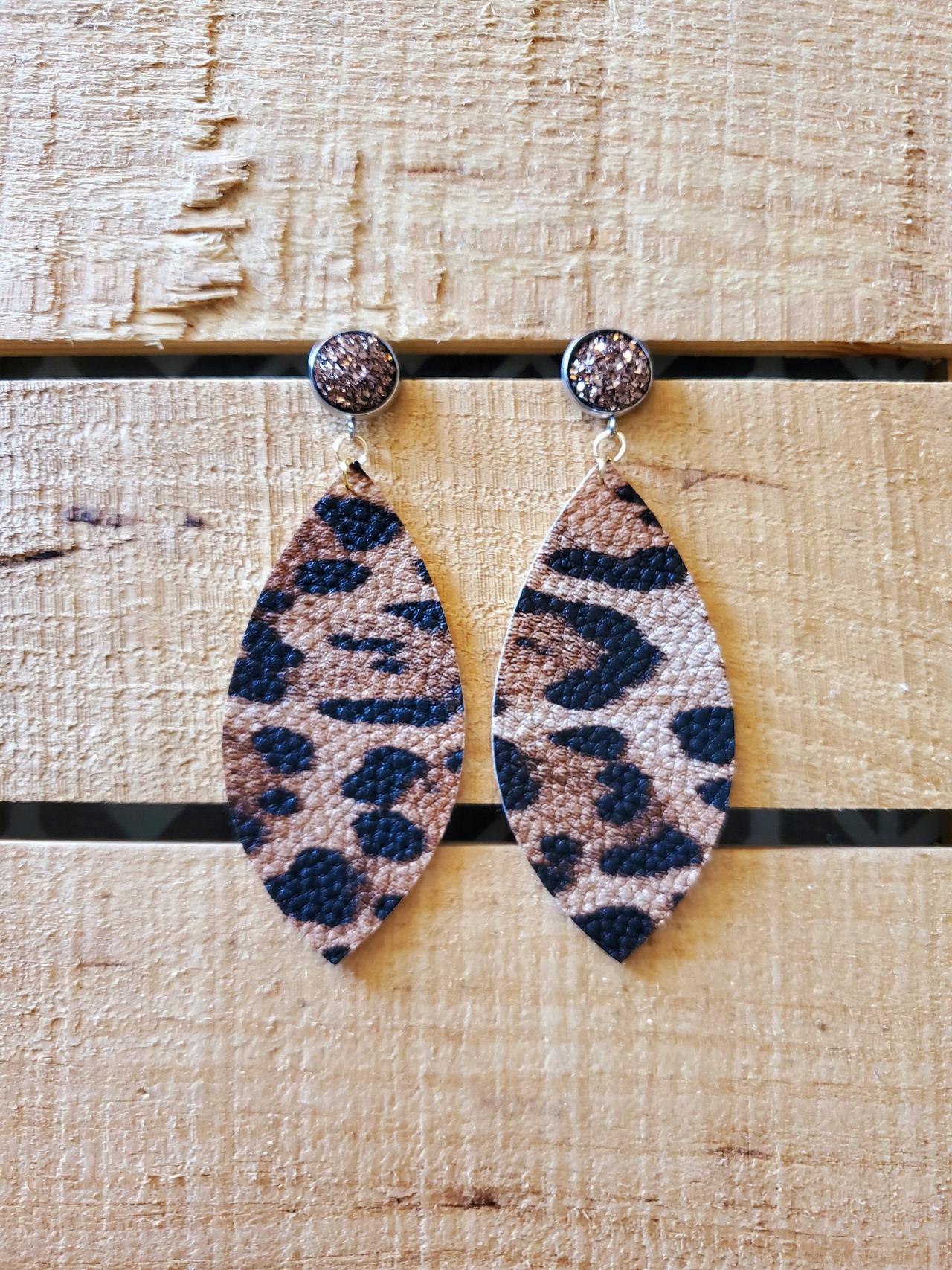 Leopard Print Leather Earrings, Druzy Earrings, Glitter Earrings, Fashion Jewelry, Animal Print Leather Dangles, Sparkle Earrings, Boho Chic