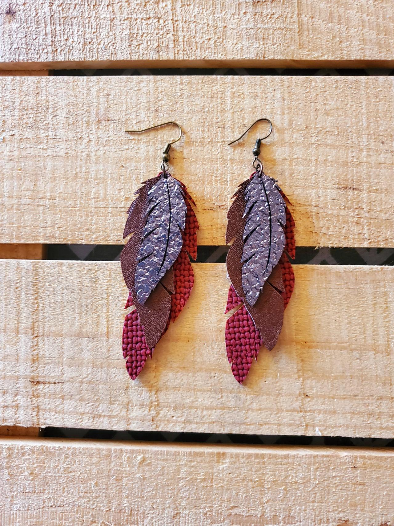 Triple Layered Feather Earrings, Distressed Leather Earrings, Wine Red Brown And Bronze Earrings, Statement Earrings, Long Earrings, Gift