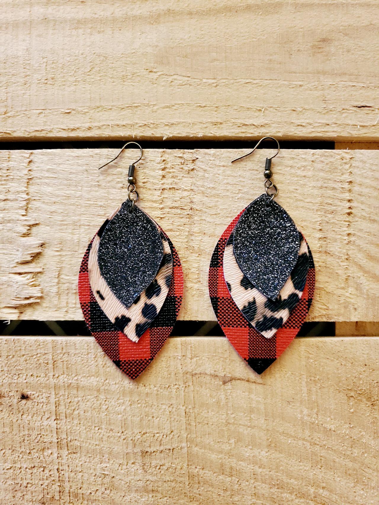 Buffalo Plaid Leopard Print Leather Earrings, Buffalo Check Jewelry, Lumberjack Earrings, Animal Print Black Glitter, Triple Layer Earrings