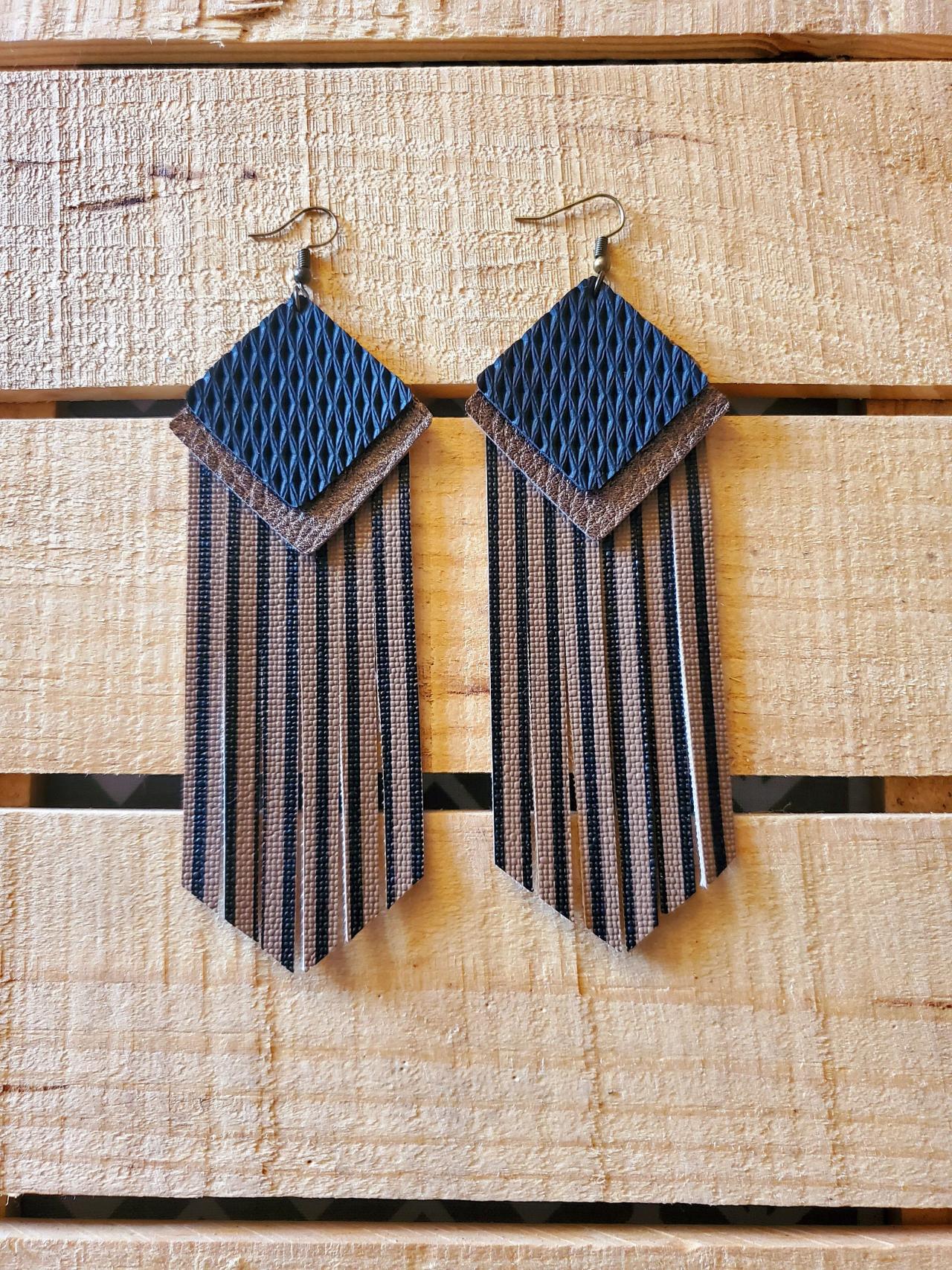 Brown And Black Striped Leather Earrings, Fall Leather Earrings, Fringe Earrings, Tassel Earrings, Long Earrings, Boho Chic Jewelry, Gift