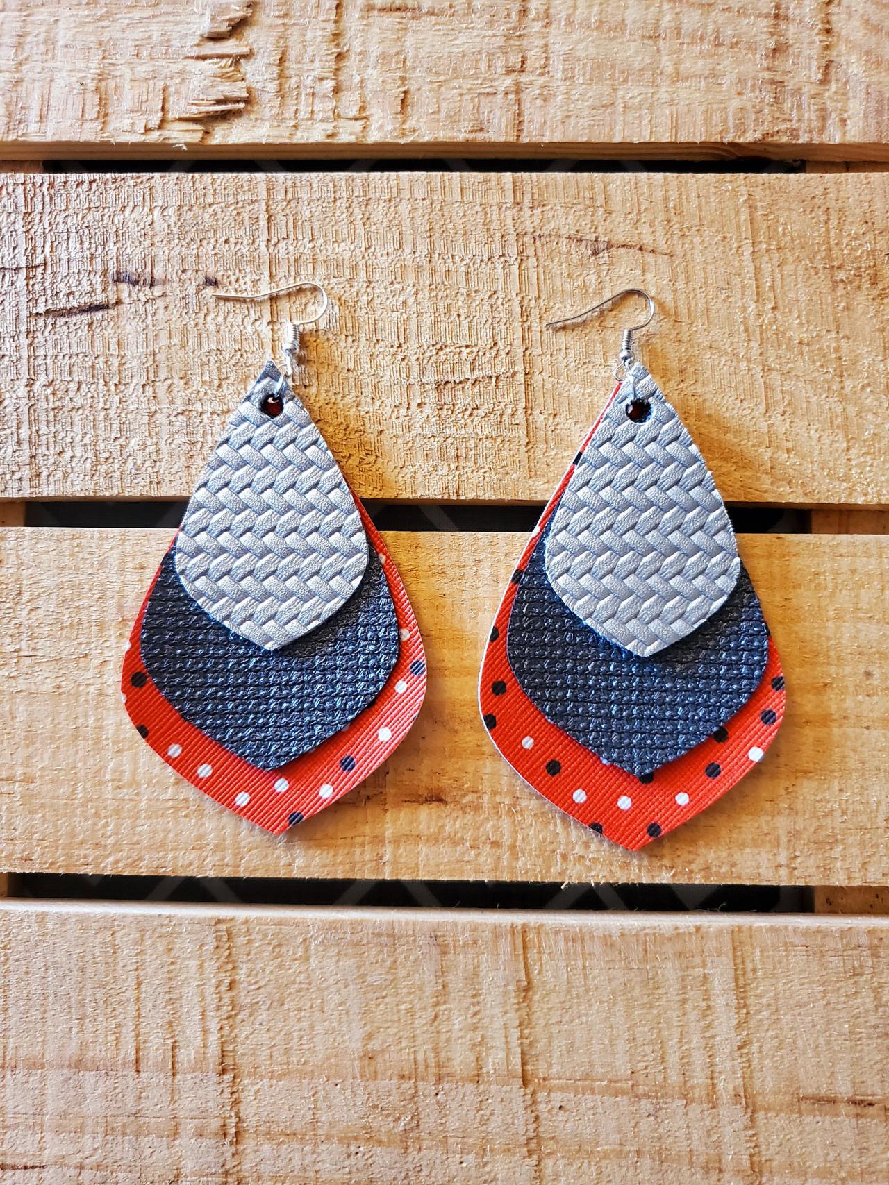 Triple Layered Leather Earrings, Red Black And Silver Earrings, Polka Dot Leather Earrings, Long Earrings, Statement Earrings, Womans Gift