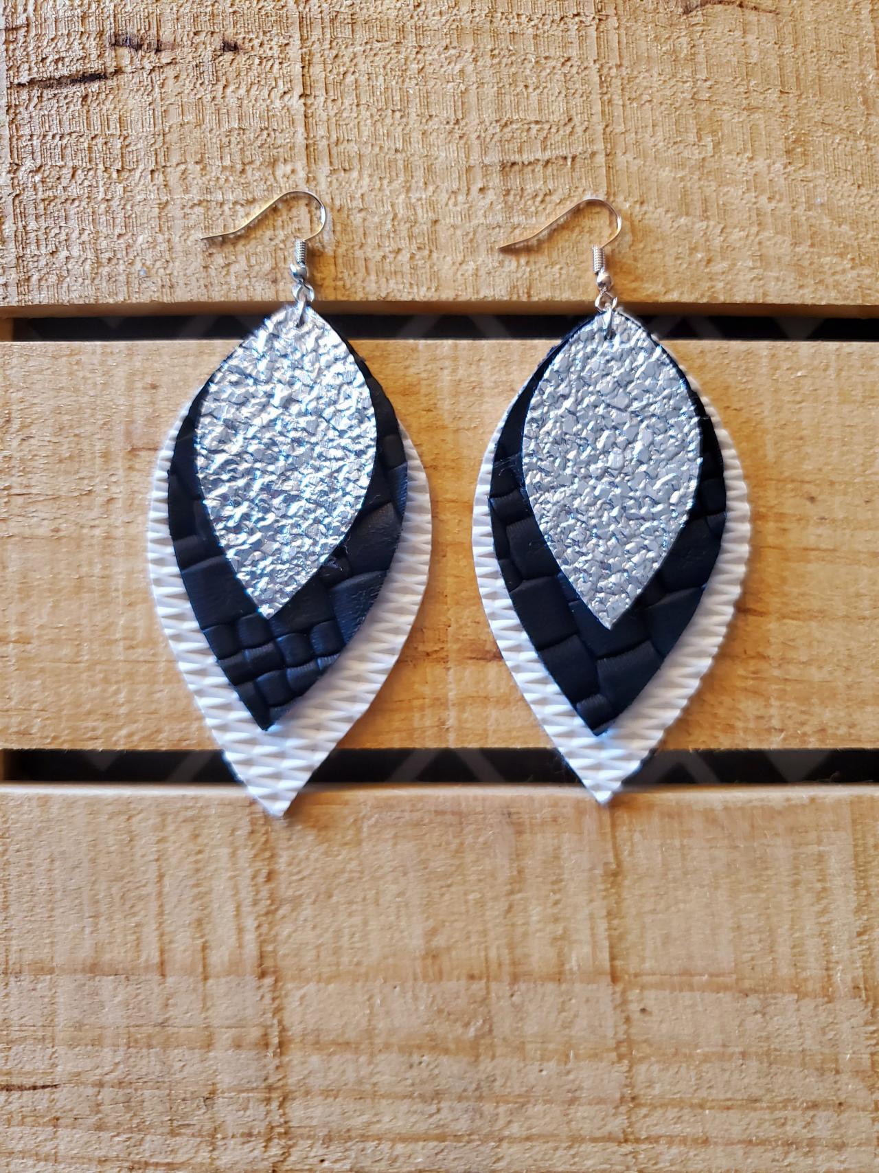 Triple Layered Leather Earrings, Black White And Silver Leather Earrings, Boho Chic Jewelry, Statement Earrings, Trendy Jewelry, Gift