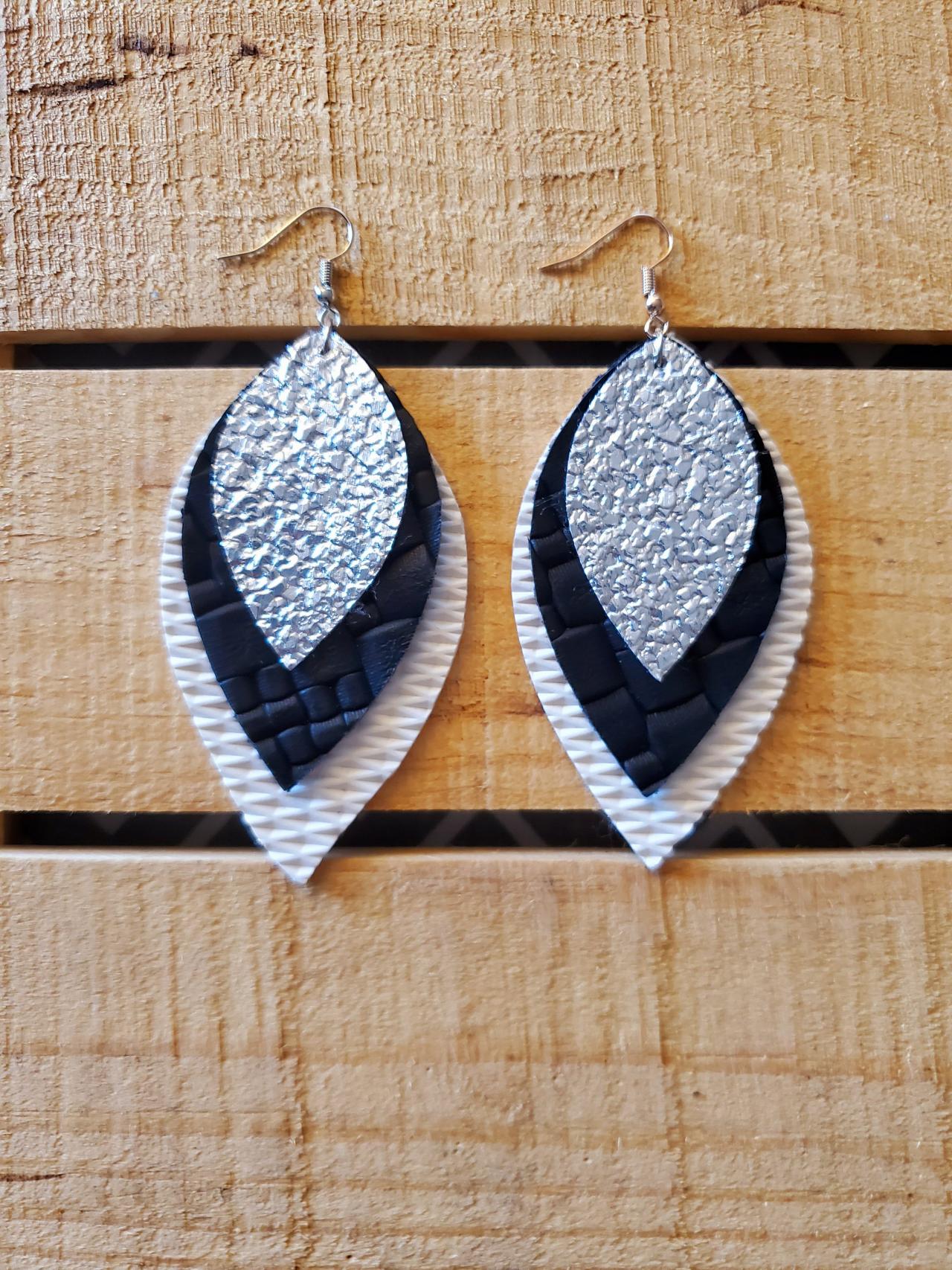 Triple Layered Leather Earrings Black White And Silver Leather