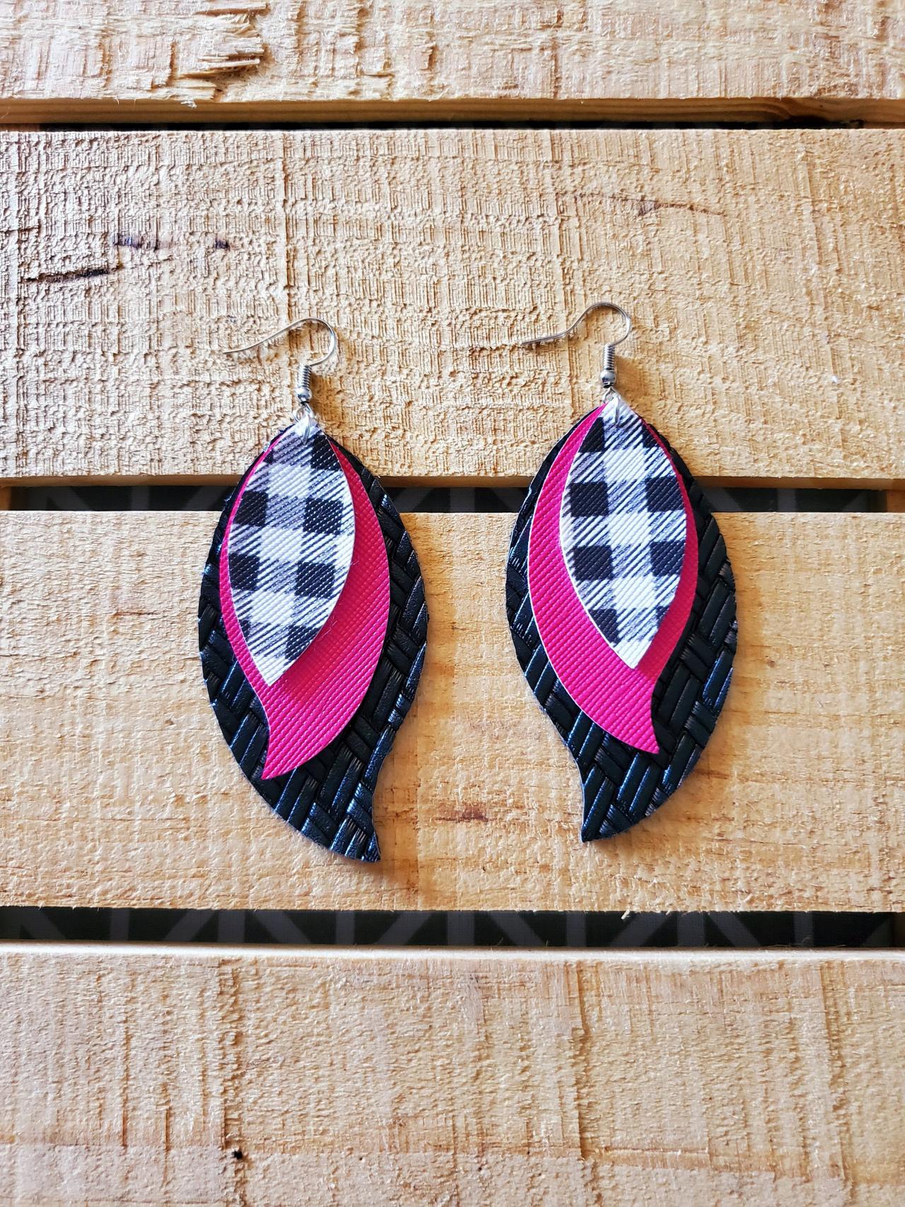 Pink And Black Leather Earrings, Triple Layered Feather Earrings, Buffalo Plaid Leather Earrings, Pink Plaid Jewelry, Boho Chic Faux Leather