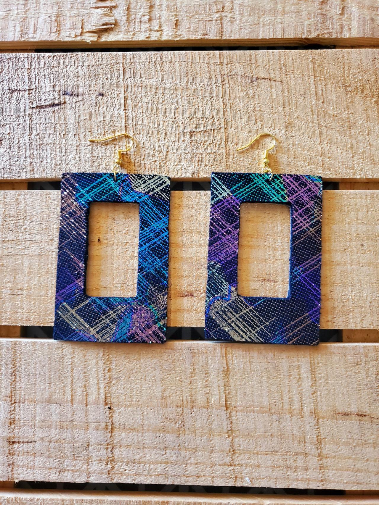 Colorful Open Rectangle Leather Earrings, Iridescent Jewelry, Boho Chic Earrings, Womans Gift, Statement Earrings, Double Sided Earrings