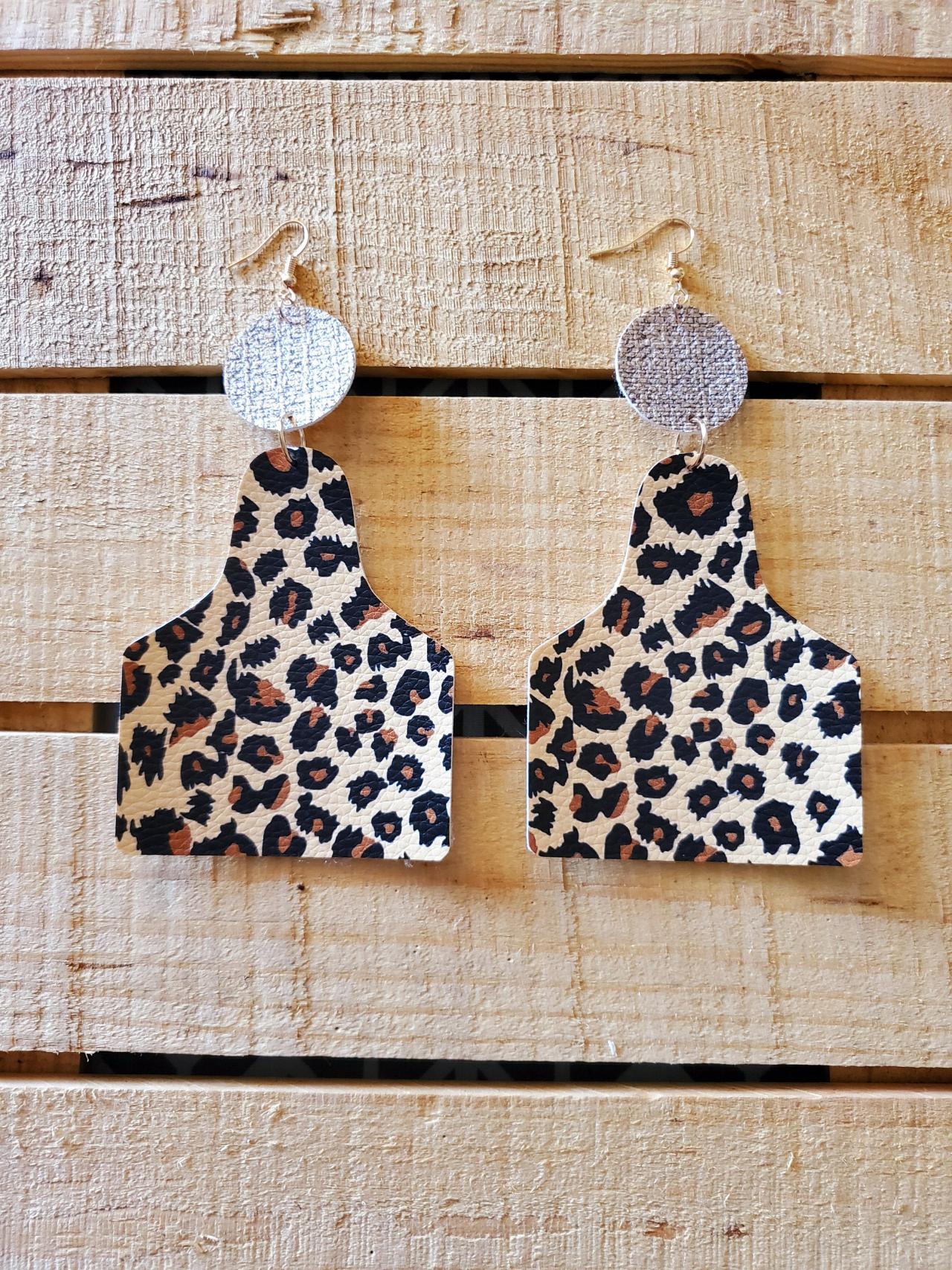 Leopard Print Cow Tag Leather Earrings, Animal Print Ranch Earrings, Beige Western Jewelry, Womans Gift, Boho Earrings, Cattle Tag Earrings
