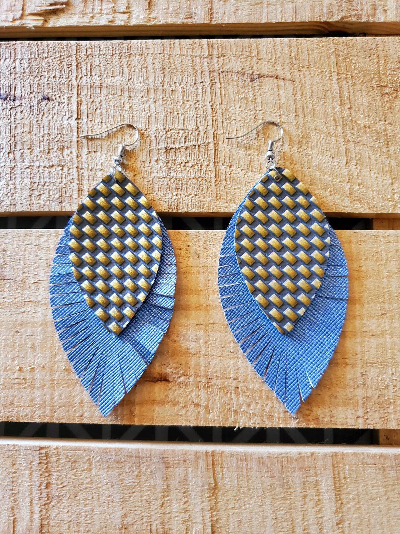 Blue Leather Fringe Earrings, Large Tassel Earrings, Handmade Layered Feather Earrings, Rustic Boho Jewelry, Fringe Blue Gold Earrings, Gift