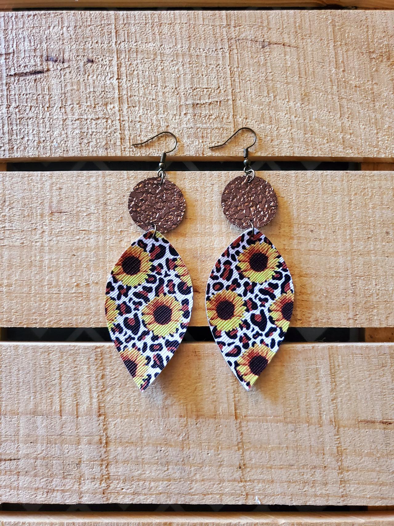 Sunflower Leopard Leather Earrings, Gold Crackle Leopard Earrings, Animal Print Jewelry, Leather Dangles, Statement Earrings, Boho Chic Gift