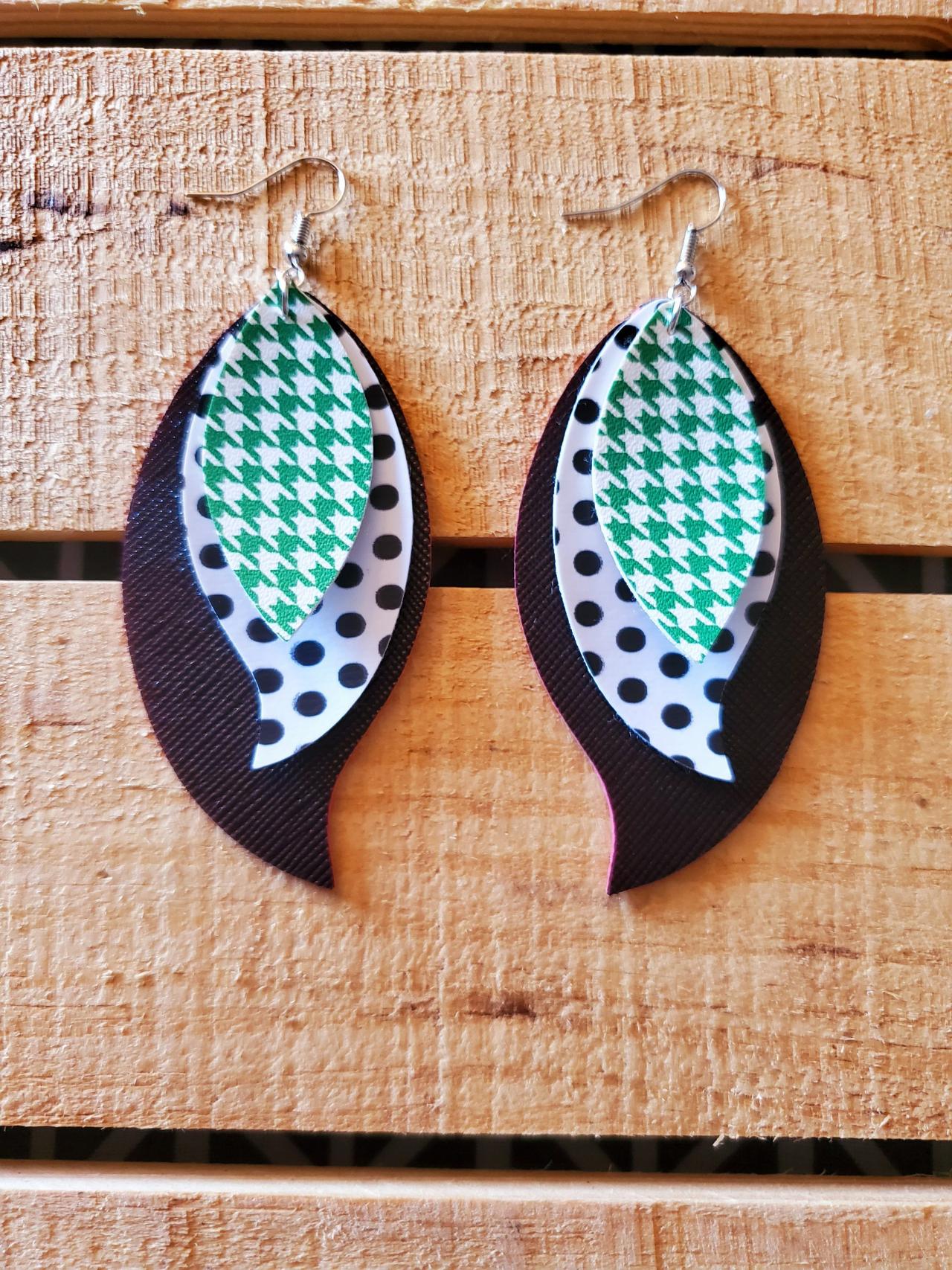 Green Black And White Layered Earrings, Houndstooth Leather Earrings, Polka Dot Earrings, Layered Earrings, Boho Chic Jewelry, Womans Gift
