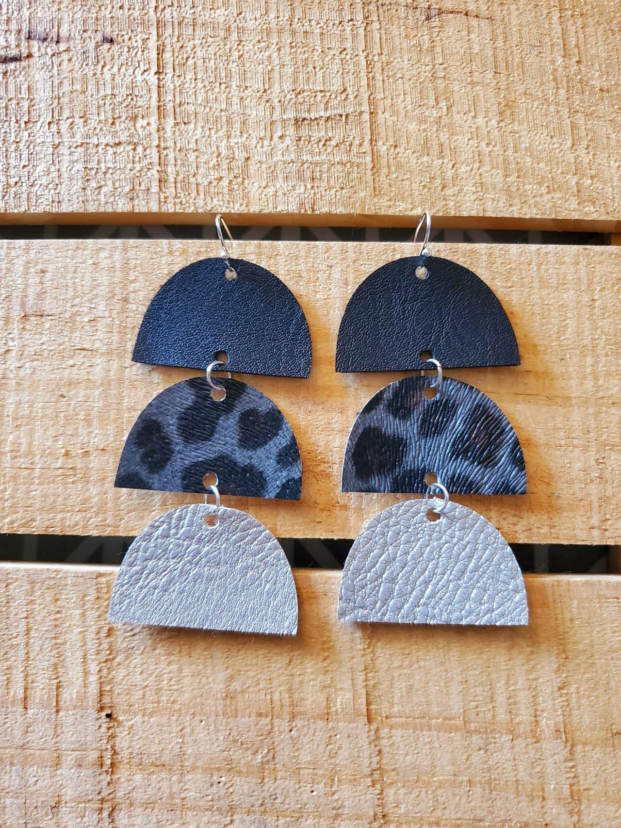 Leopard Half Circle Leather Earrings, Cheetah Semi Circle, Stacked Leather Jewelry, Black Gray And Silver Earrings, Boho Chic, Gift For Her