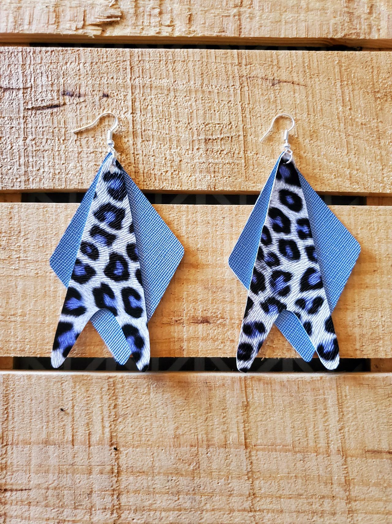 Blue Leopard Layered Earrings, Denim Blue Leather Jewelry, Blue Black and White Earrings, Statement Earrings, Trendy Earrings, Womans Gift