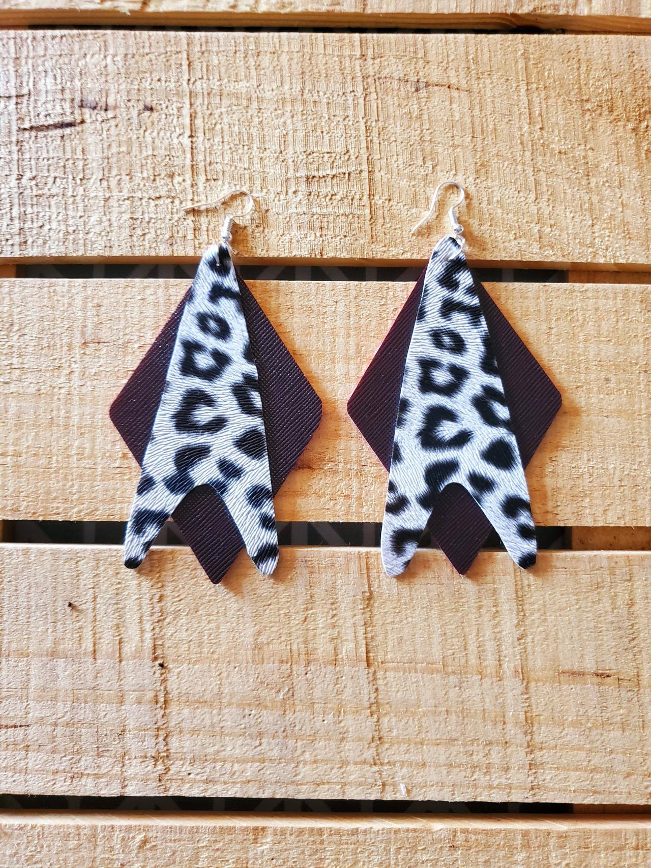 Double Layer Leather Earrings, White And Black Earrings, White Leopard Print Jewelry, Rustic Boho Jewelry, Womans Gift, Statement Earrings