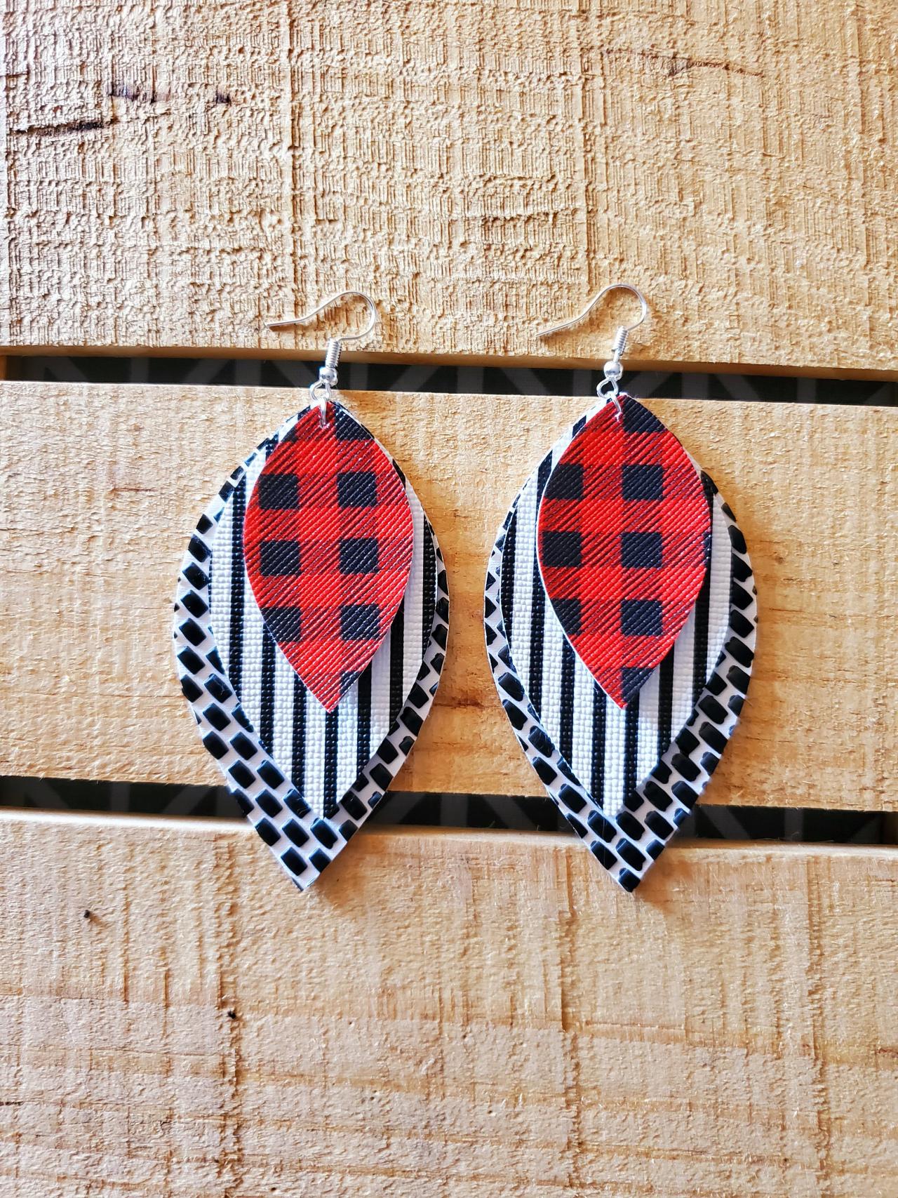Buffalo Plaid Leather Earrings, Red Black And White Earrings, Buffalo Check Leather, Triple Layer Leather Earrings, Leaf Shape Earrings,