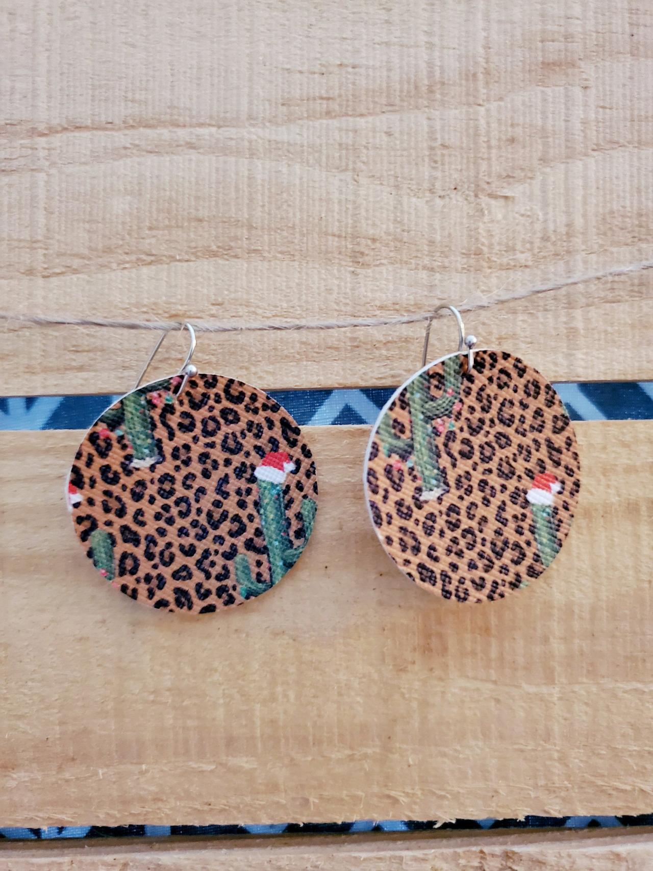 Leopard Christmas Leather Earrings, Round Earrings, Leopard Cactus Earrings, Rustic Christmas Jewelry, Dainty Jewelry, Leather Dangles