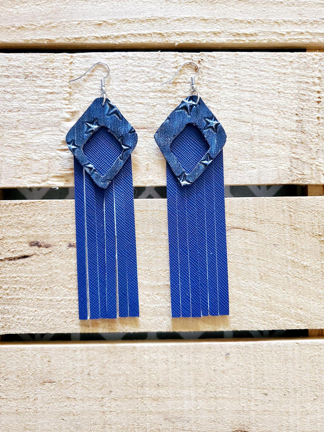 Blue Leather Fringe Earrings, Distressed Leather Diamond, Boho Rustic Earrings, Star Leather Metallic, Womans Gift, Statement Earrings, Chic