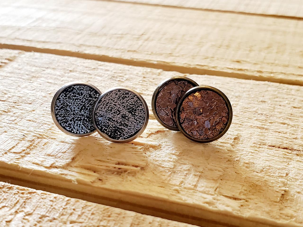 Distressed Leather Stud Earrings, Silver And Copper Post Earrings, Distressed Silver Post Earrings, Crackle Copper Stud Leather Earrings