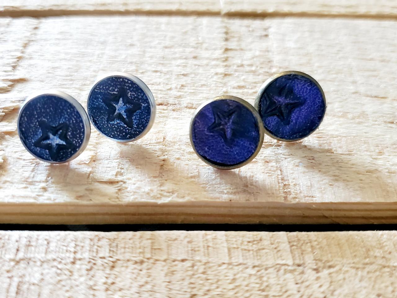 Leather Stud Earrings, Blue Distressed Post Earrings, Purple Post Earrings, Dainty Earrings, Rustic Leather Post Earrings, Womans Gift, Boho
