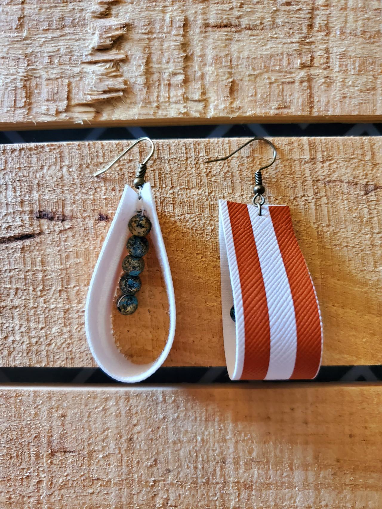 Striped Leather Rope Earrings, Leather Dangle Earrings, Game Day Earrings, Turquoise Beads, Burnt Orange And White Earrings, Striped Jewelry