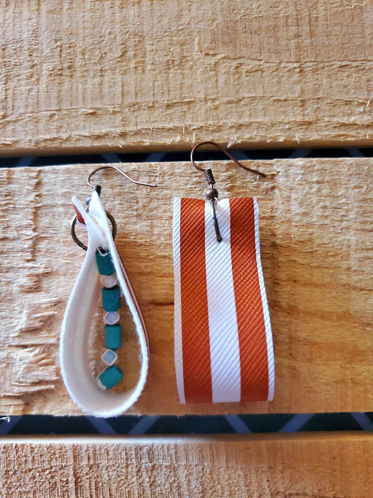 Burnt Orange And White Striped Rope Earrings, Game Day Jewelry, Rope Leather Dangles, Boho Leather Earrings, Striped Leather Earrings,