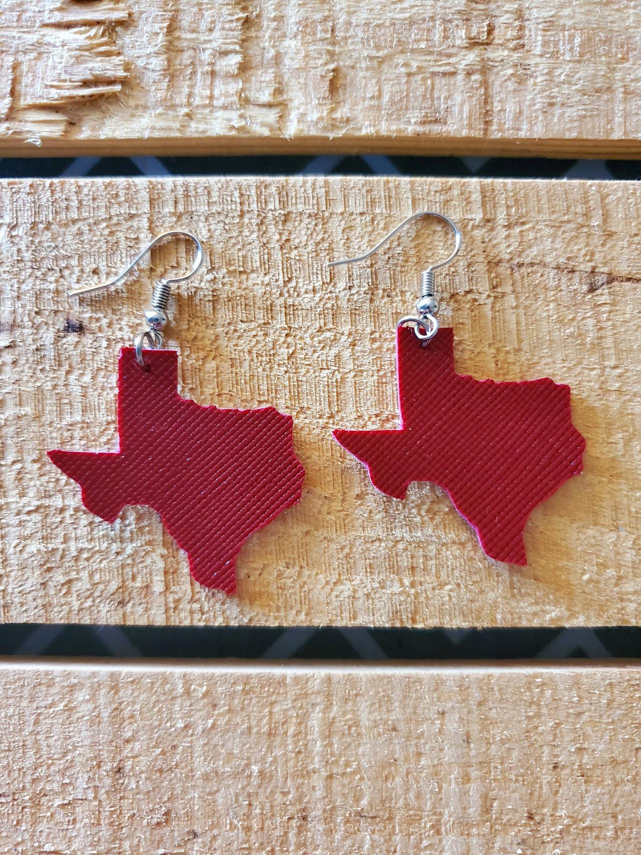 State Of Texas Leather Earrings, Lone Star State Jewelry, Maroon Leather Earrings, Maroon Texas Jewelry, Dainty Earrings, Small Earrings