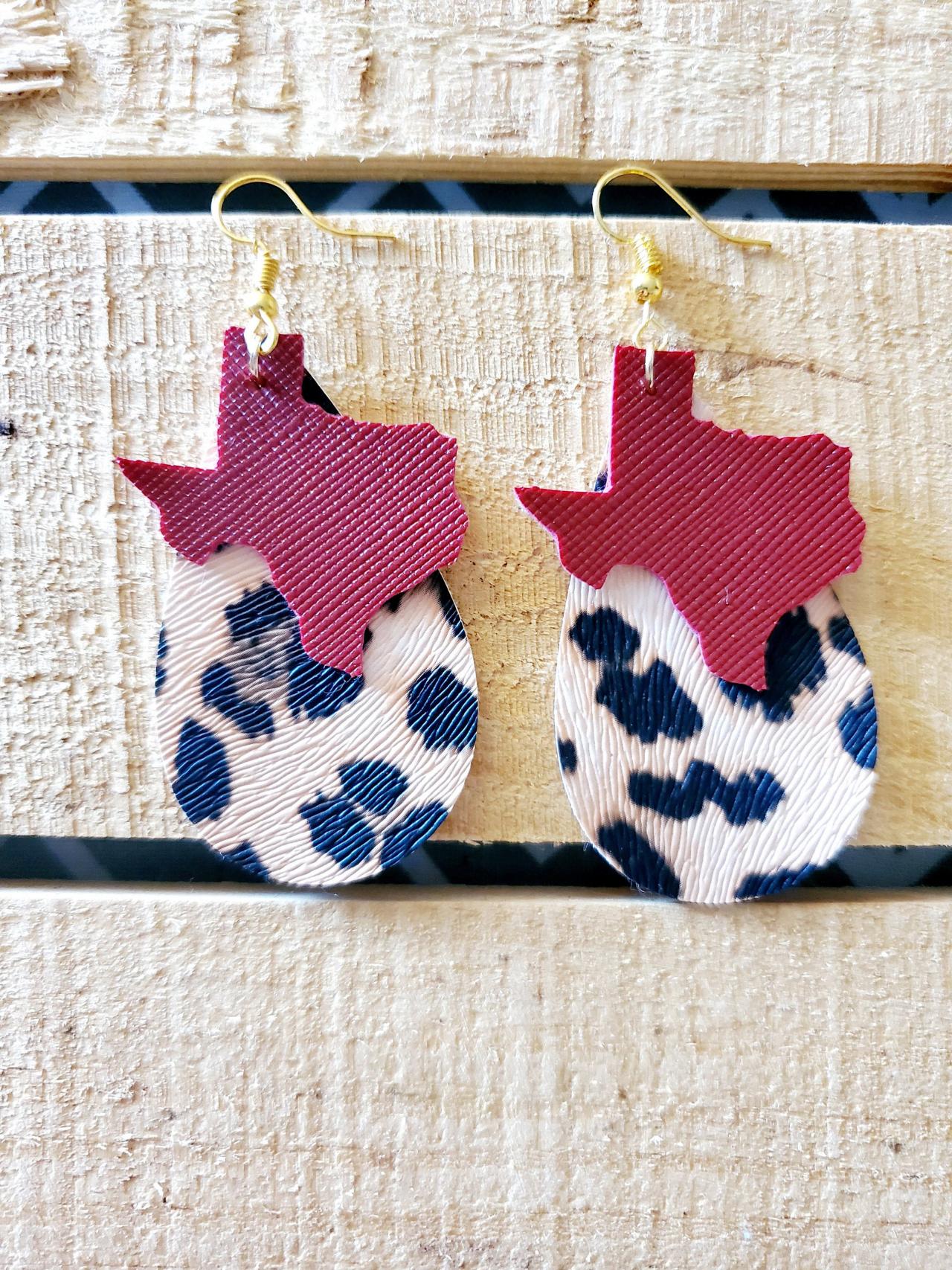 Leopard Print Layered Leather Earrings, State Of Texas Leather Earrings, Texas Jewelry, Animal Print Jewelry, Stacked Earrings, Trendy