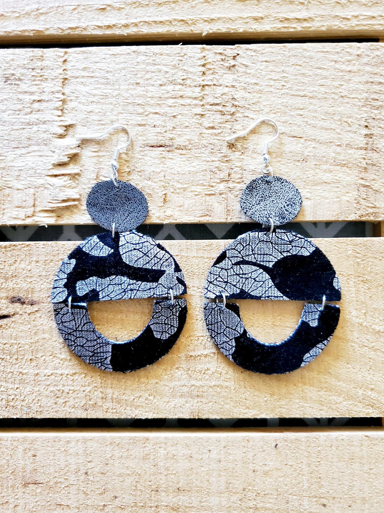Black And Silver Distressed Leather Earrings, Velvet And Leather Earrings, Rustic Leather Earrings, Everyday Earrings, Silver Dangles, Boho