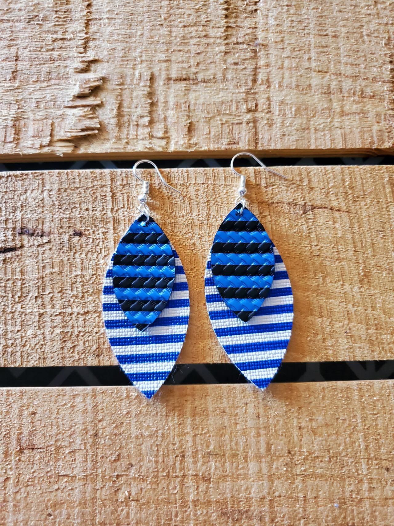 Blue And White Striped Leather Earrings, Blue And White Leather Earrings, Trendy Leather Earrings, Statement Earrings, Layered Earrings