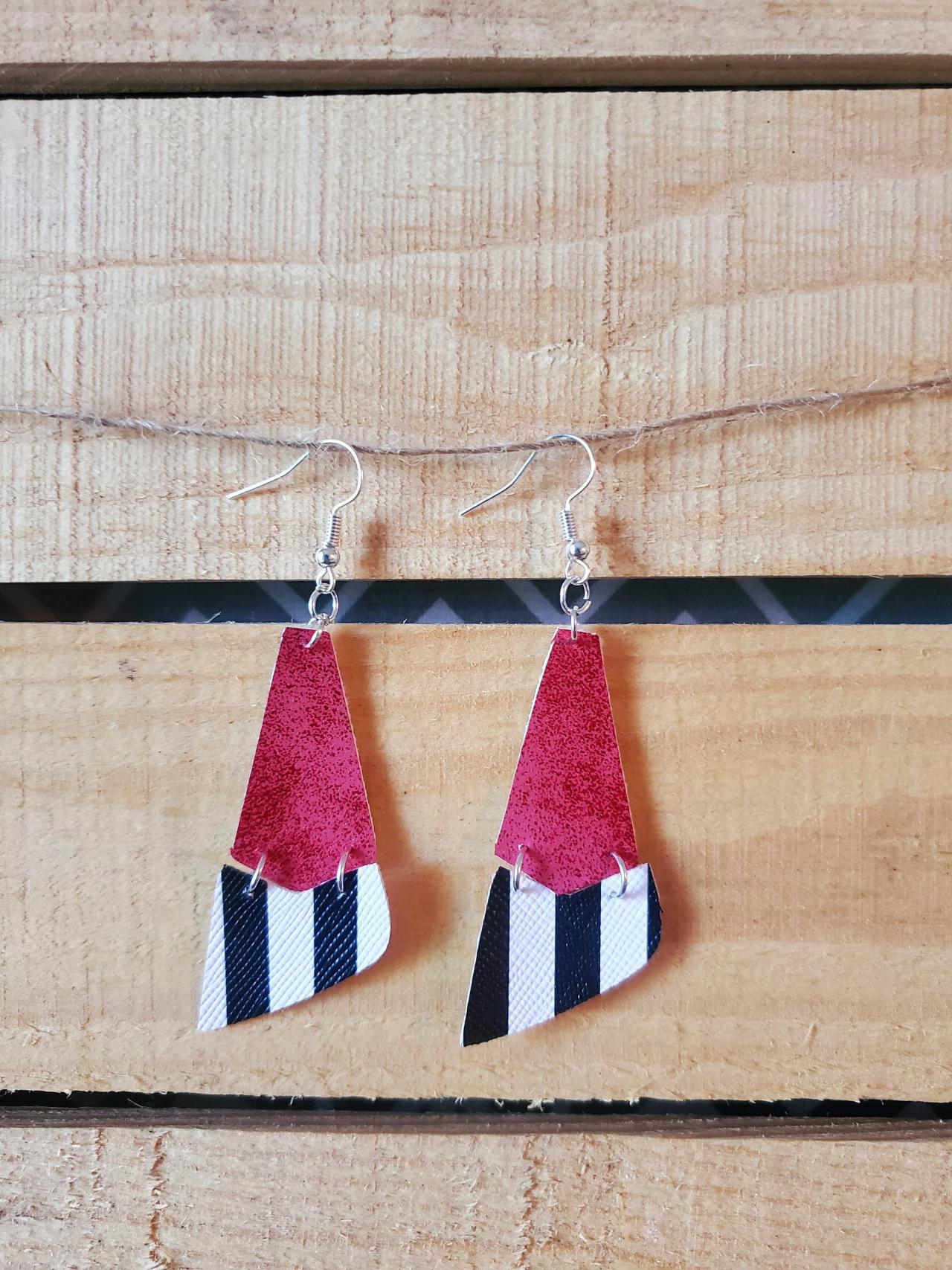 Metallic Red And Black Striped Leather Earrings, Split Leather Earrings, Hinged Leather Jewelry, Womans Gift, Boho Chic Leather Earrings