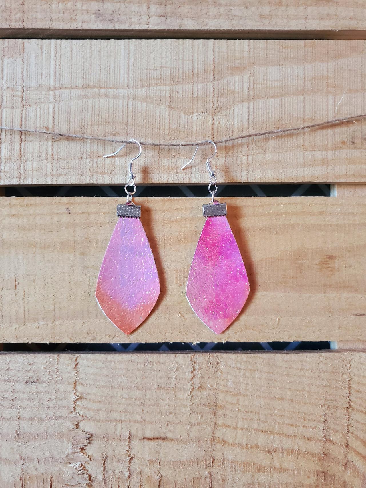 Iridescent Dangle Leather Earrings, Pink Leather Jewelry, Pastel Earrings, Drop Jewelry, Leather Dangle Earrings, Womans Gift, Gift For Her