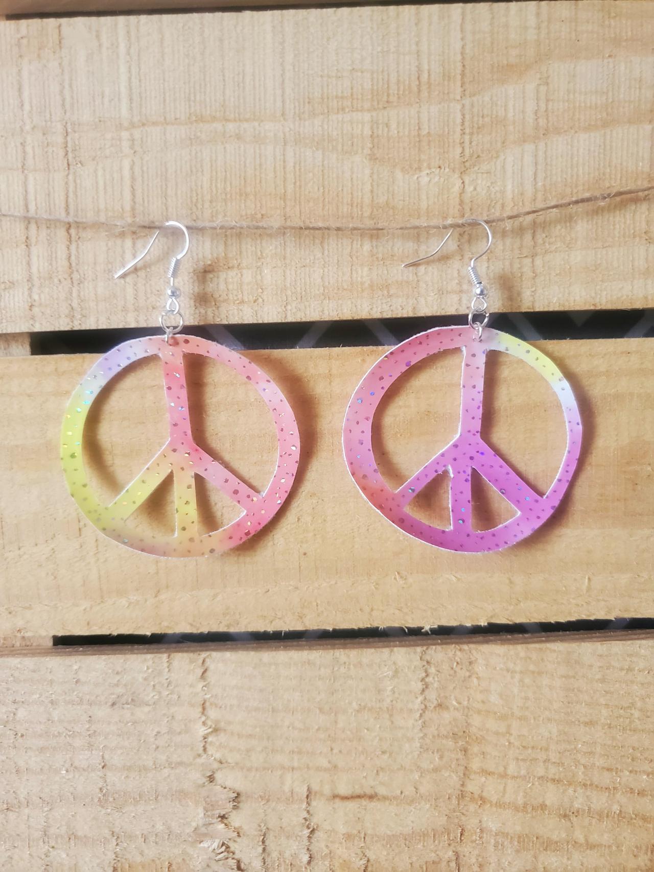 Peace Sign Leather Earrings, Hippie Jewelry, Boho Chic Leather Earrings, Leather Jewelry, Pink Pastel Rainbow Earrings, Peace Symbol Jewelry