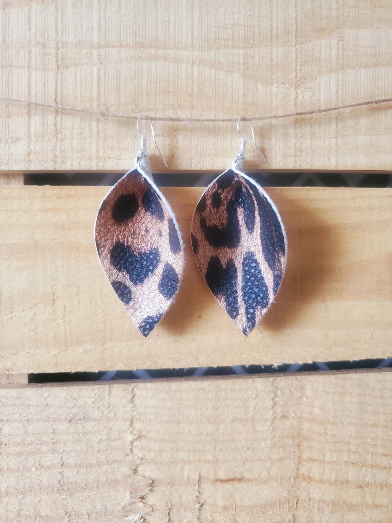 Leopard Print Pinched Leaf Earrings, Leopard Print Leather Earrings, Animal Print Leaf Jewelry, Leopard Leather Earrings, Leaf Earrings