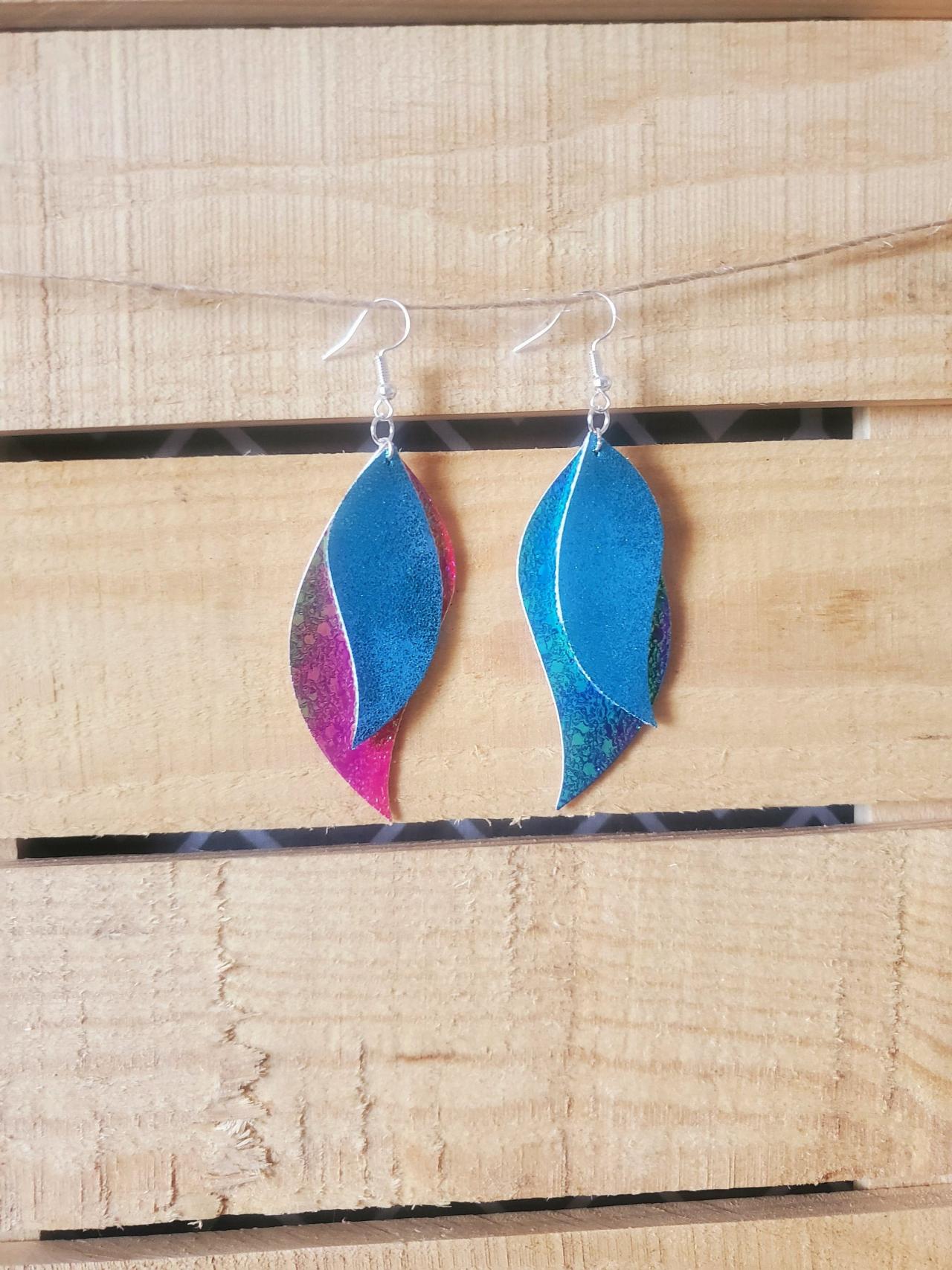 Handmade Teal Leather Earrings, Leaf Turquoise Jewelry, Layered Bright Jewelry, Statement Earrings, Dangle Leather Earring, Metallic Jewelry