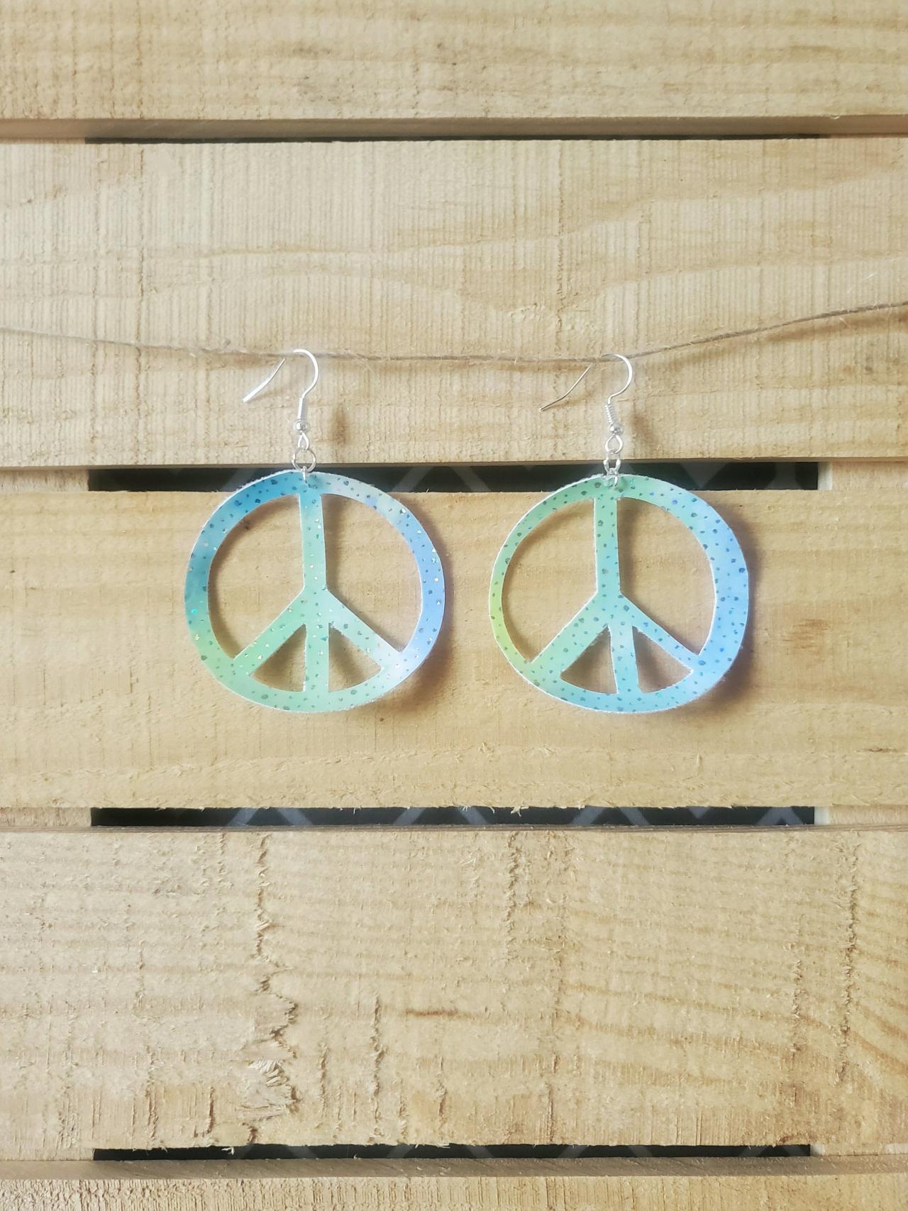 Blue Peace Leather Earrings, Bright Leather Earrings, Rainbow Leather Jewelry, Hippie Earrings, Peace Sign Jewelry, Boho Chic Earrings
