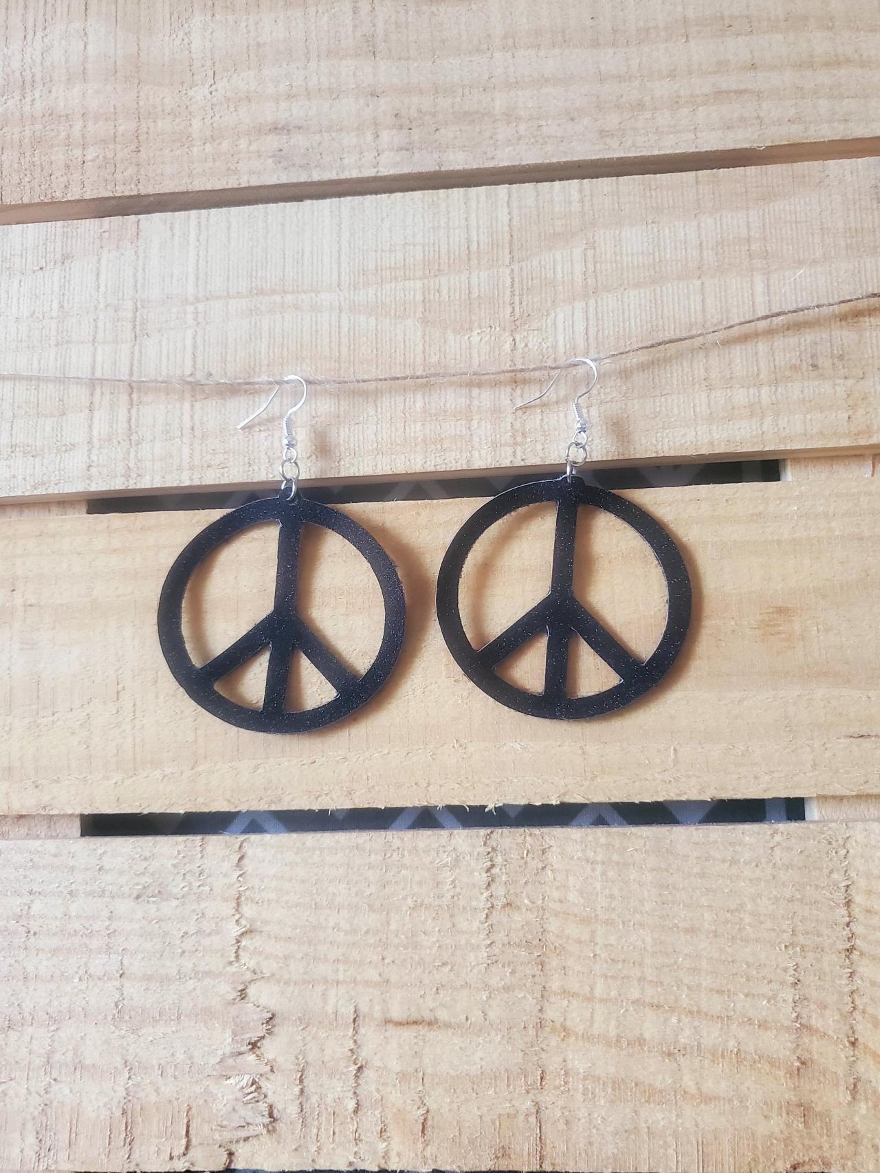 Peace Symbol Earrings, Black Leather Earrings, Minimalist Earrings, Round Dangles, Vintage Boho Style, Round Earrings, Peace Symbol Jewelry