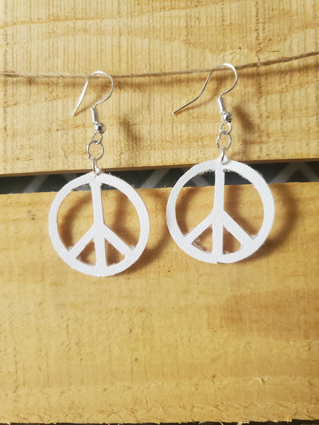 Pure White Peace Sign Earrings, Dainty Earrings, Small Earrings, Circle Earrings, Peace Symbol Hippie Jewelry, Dangle Leather Jewelry