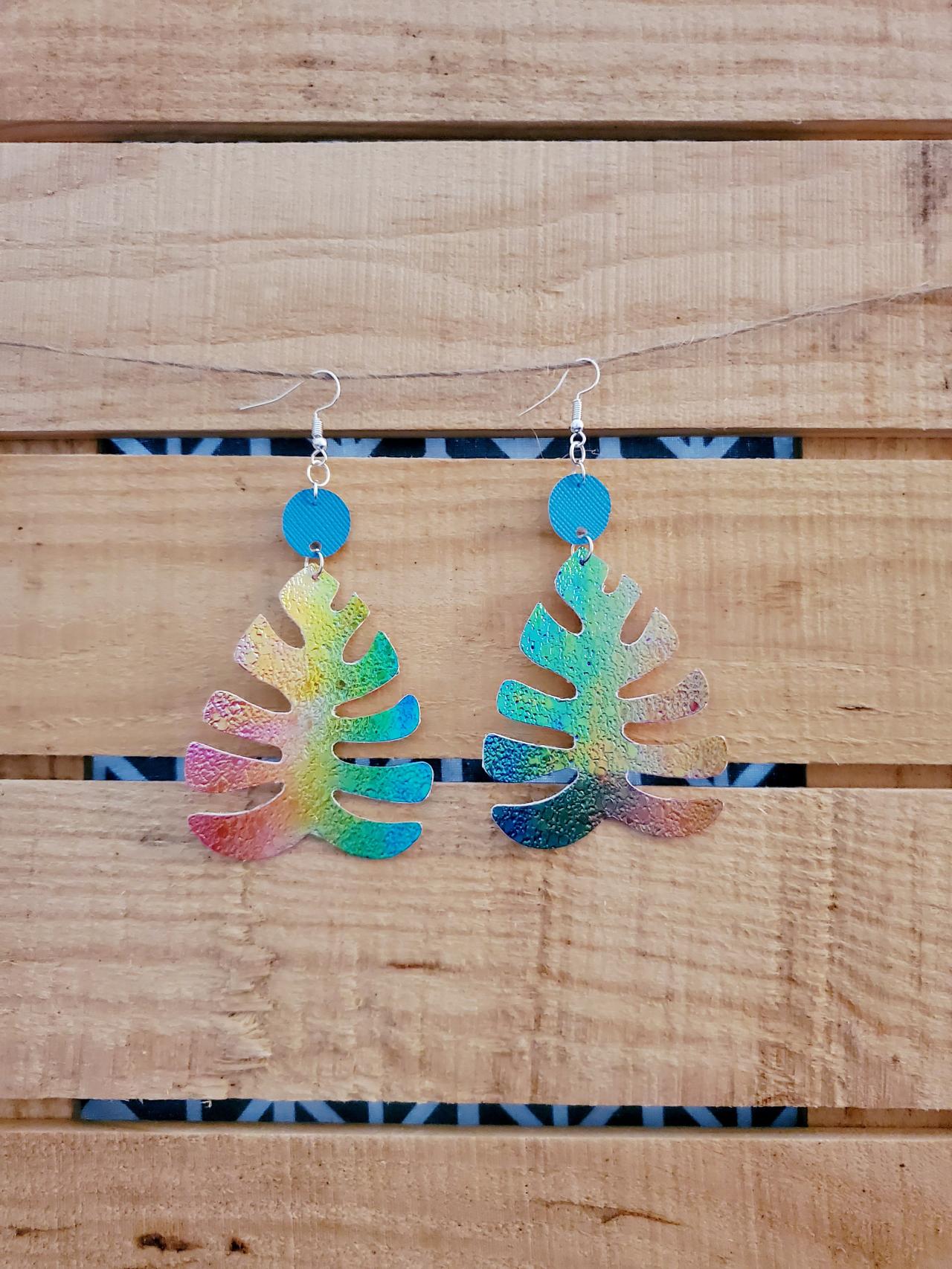 Metallic Rainbow Monstera Leather Earrings, Floral Earrings, Leather Dangle Jewelry, Sparkly Earrings, Cocktail Jewelry, Turquoise Earrings