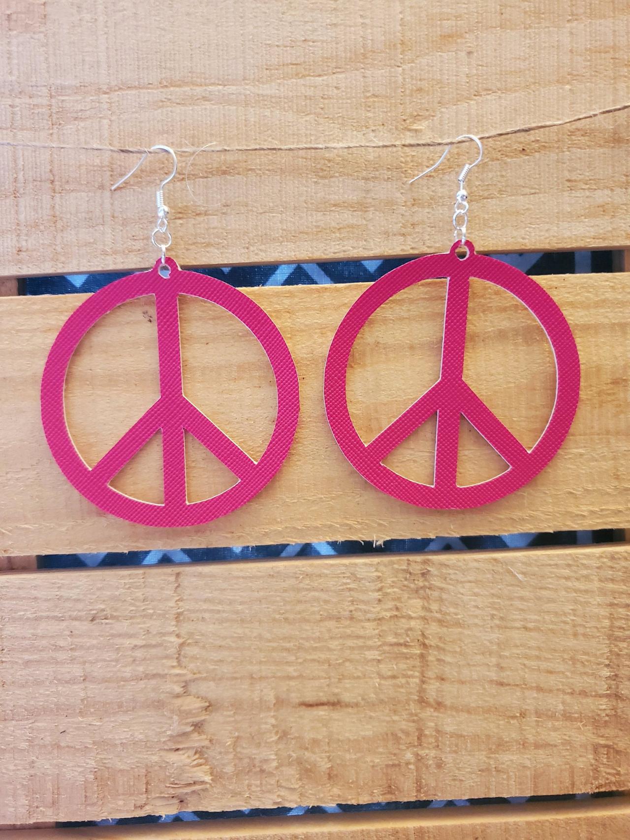 Pink Leather Earrings, Hippie Peace Sign Jewelry, Peace Sign Dangle Earrings, Boho Chic Earrings, Summer Earrings, Handcrafted Jewelry