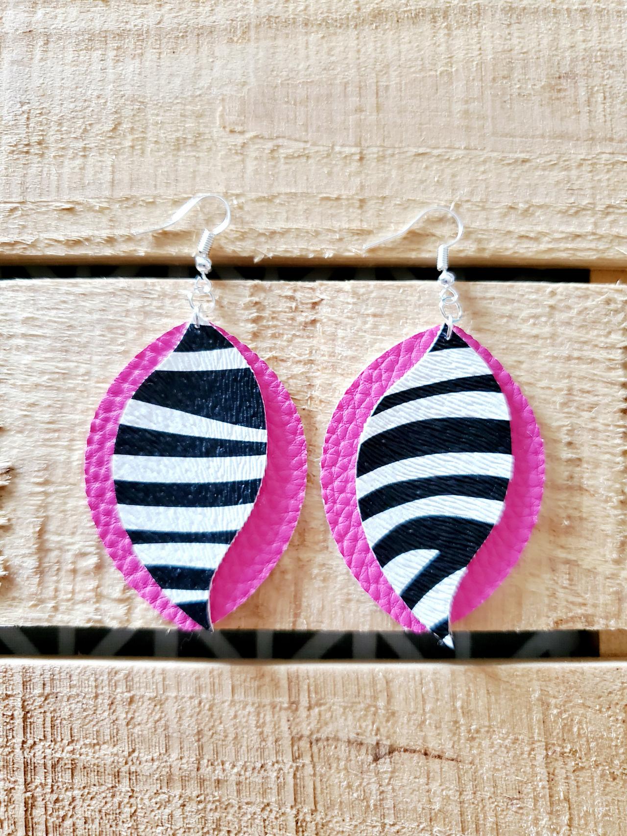 Pink Zebra Print Leather Earrings, Trendy Earrings, Handmade Earrings, Unique Jewelry, Earring Dangles, Statement Earrings, Pink Jewelry