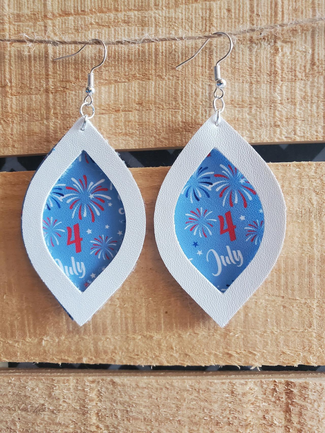 Red White Blue Leather Earrings, Teardrop Earrings, Patriotic Jewelry, Fireworks Earrings, 4th Of July Earrings, Patriotic Leather Earrings