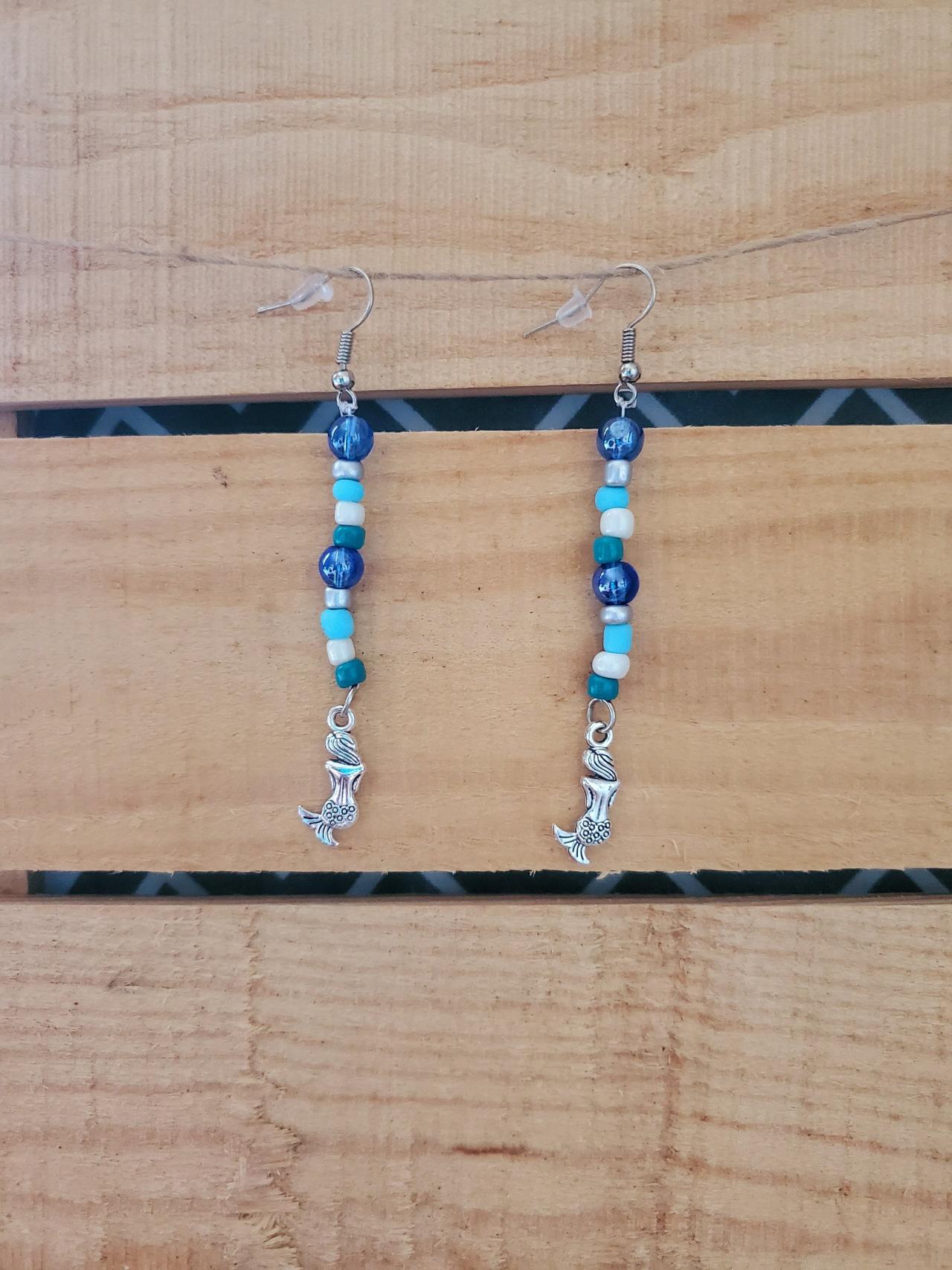 Turquoise Beaded Earrings, Colorful Earrings, Beaded Dangles, Mermaid Jewelry Charm, Beaded Colorful Earrings, Mermaid Charm Earrings, Boho