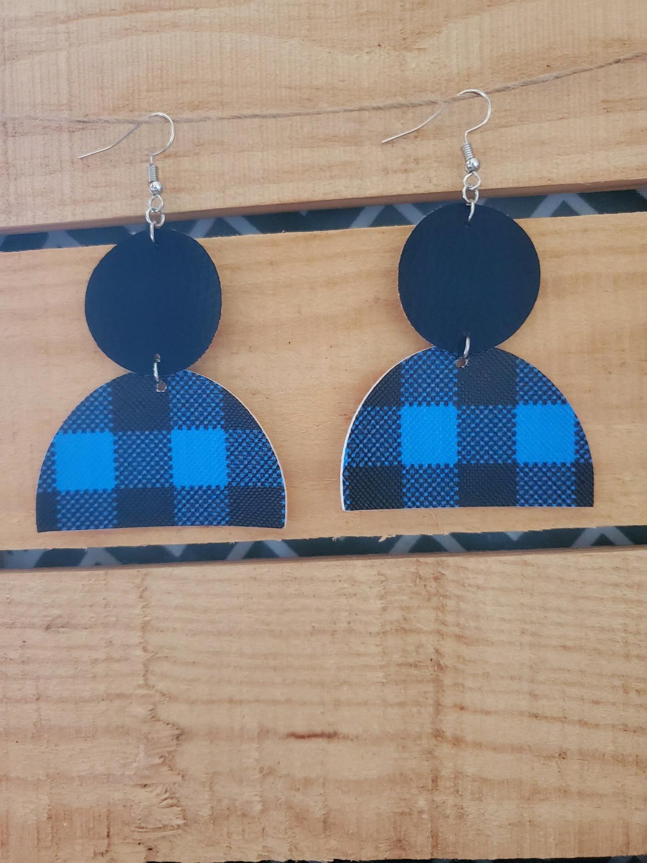 Geometric Dangle Earrings, Split Earrings, Layered Earrings, Half Disc Earrings, Linked Earrings, Buffalo Plaid Jewelry, Blue Black Earrings