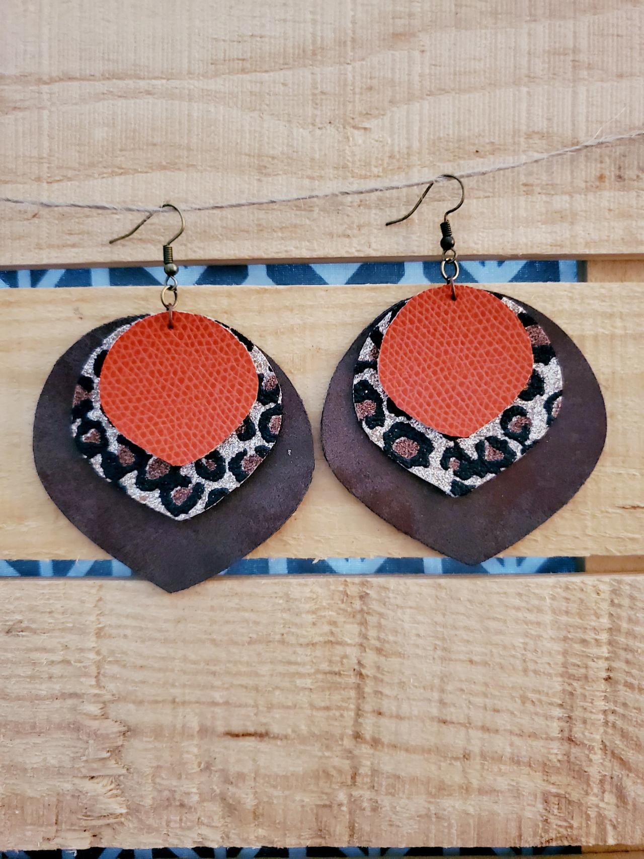 Glitter Earrings, Rustic Leather Jewelry, Fall Earrings, Trendy Earrings, Rustic Leopard Print Jewelry, Animal Print Earrings, Boho Earrings