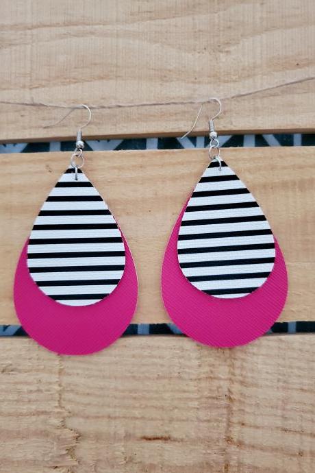 Black White Striped Earrings, Hot Pink Jewelry, Dangle Earrings, Trendy Earrings, Boho Earrings, Layered Earrings, Statement Jewelry,