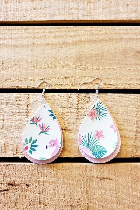 Floral Leather Earrings, Flamingo Jewelry, Pink Leather Earrings, Vacation Earrings, Boho Leather Earrings, Gift For Her, Flamingo Leather