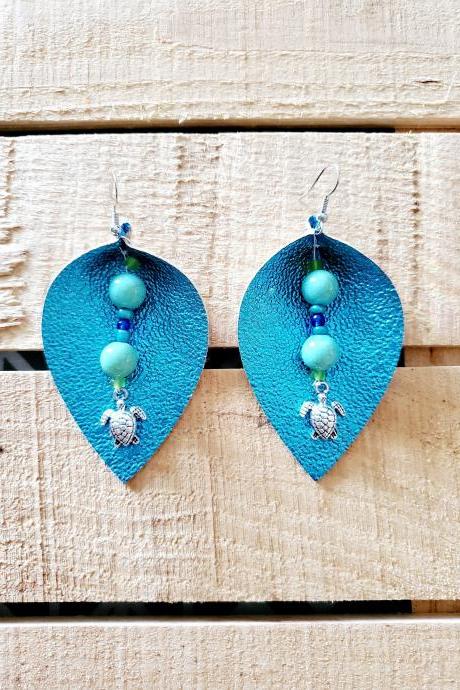 Turquoise Earrings, Metallic Leather Earrings, Pinched Teardrop Earrings, Sea Turtle Charm, Blue Green Beads, Dangle Jewelry, Lightweight