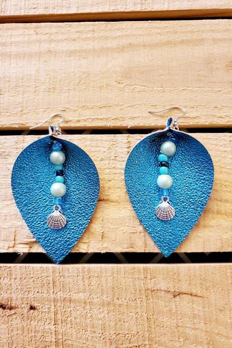 Turquoise Metallic Leather Earrings, Charm Jewelry, Sea Glass Beads, Lightweight Earrings, Trendy Jewelry, Boho Chic Earrings, Blue Green