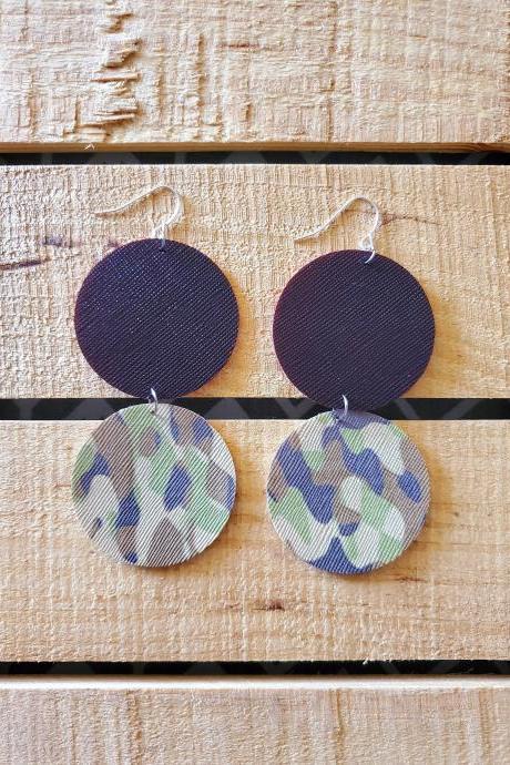 Split Circle Leather Earrings, Camo Faux Leather, Camouflage Leather Earrings, Hinged Earrings, Camo Jewelry, Hunting Earrings, Gift For Her